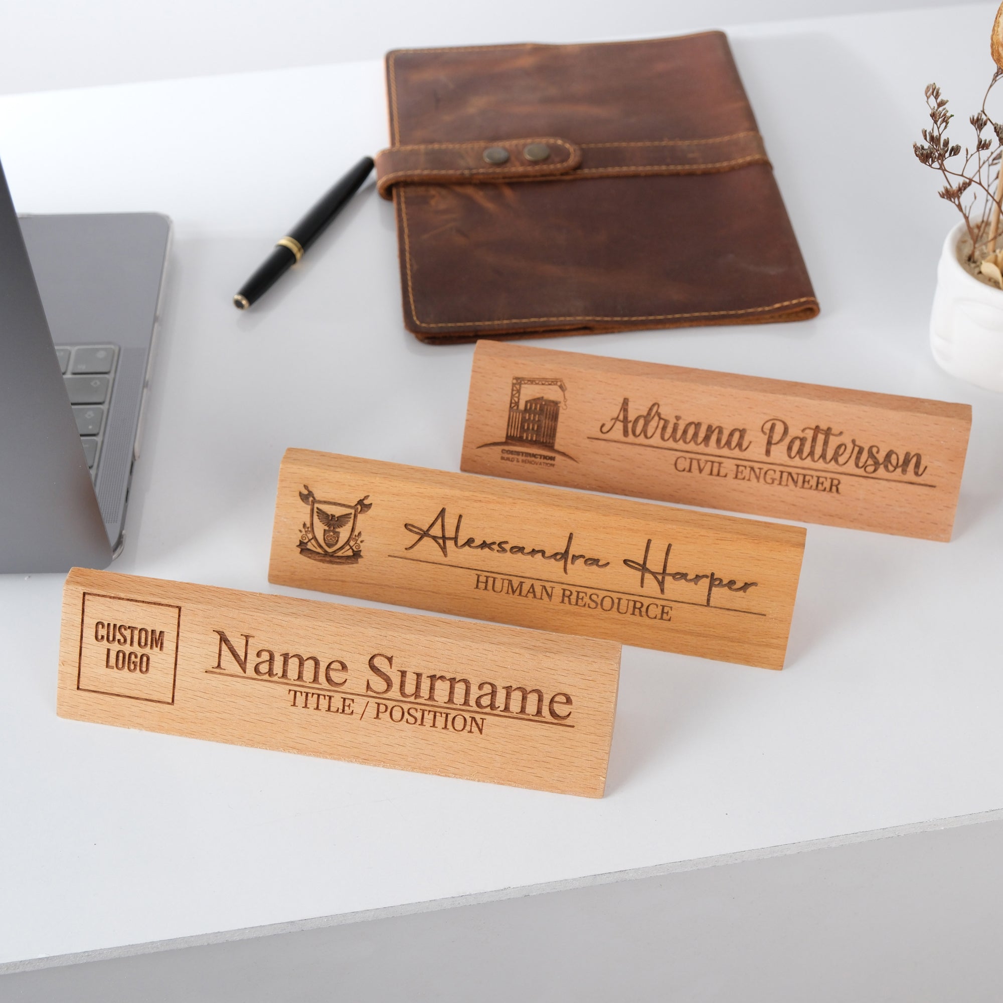 Personalized Engraved Wooden Desk Sign With Logo – Hun Concept